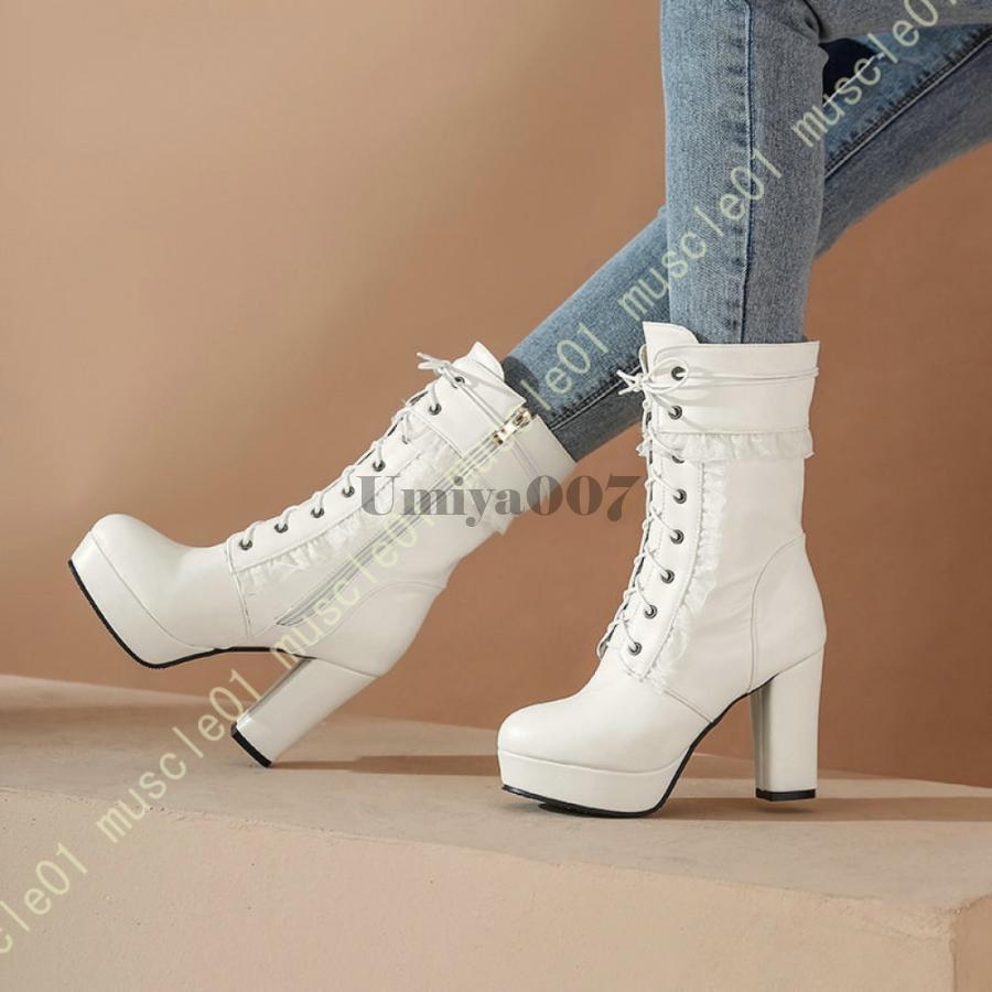 ロリータ風 レディース ハイヒール ショートブーツ アンクルブーツ レース 編み上げ 可愛い 美脚 10cm ..