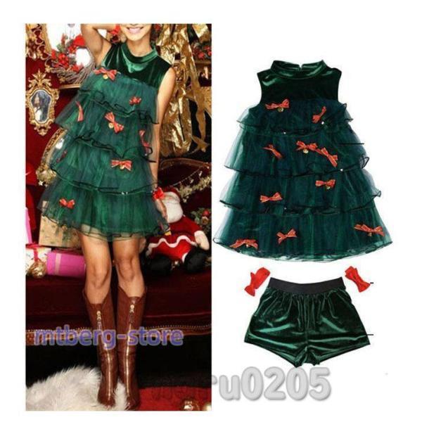 クリスマス衣装 レディース コスプレ クリスマスツリー服 コスチューム グリーン 上下セット 女性 ワン..