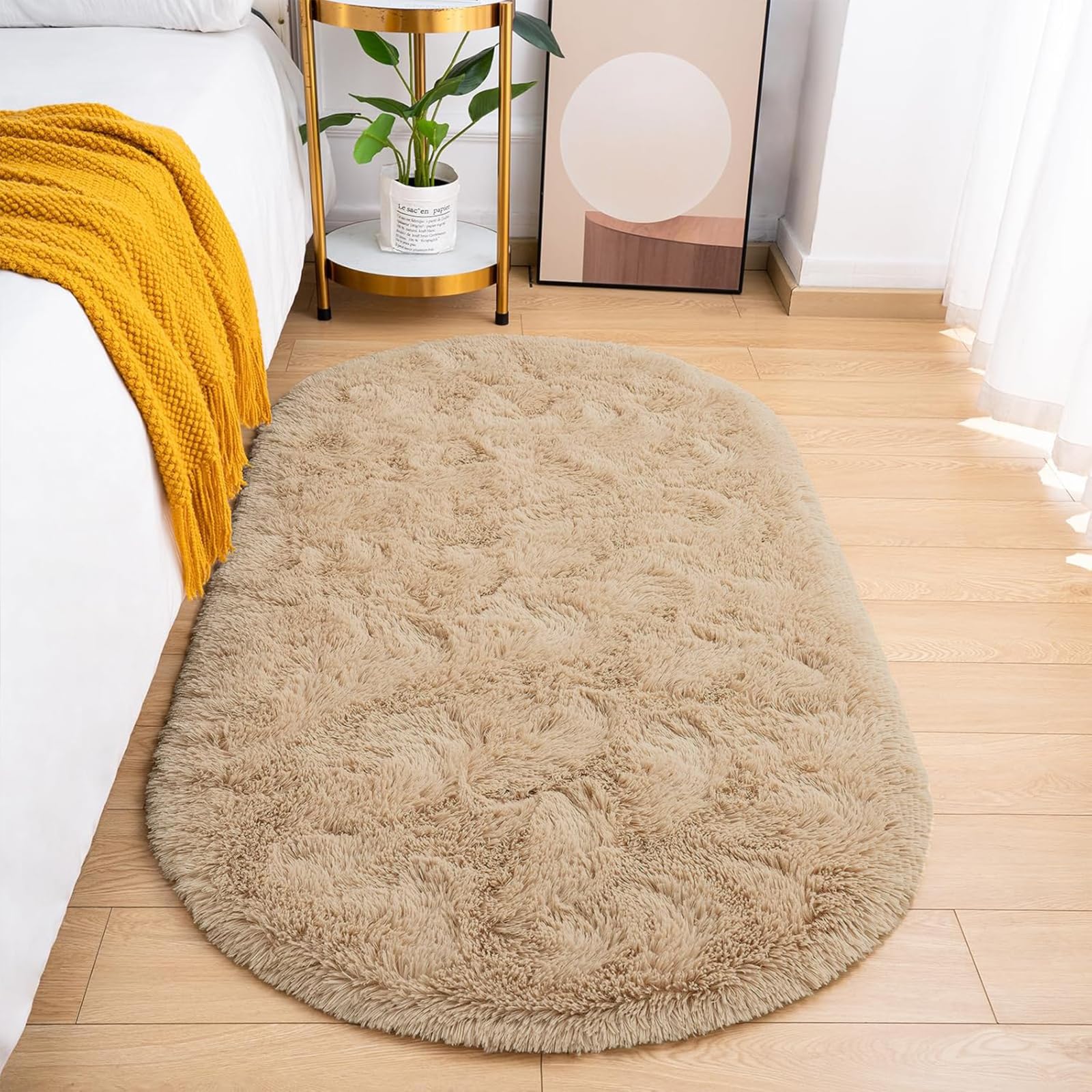 ラグマット 楕円形 120×200cm カーペット シャギー おしゃれ 北欧 じゅうたん 低反発 メモリーフォーム 防音 オールシーズン キャメル リビング 寝室 ベッドサイド