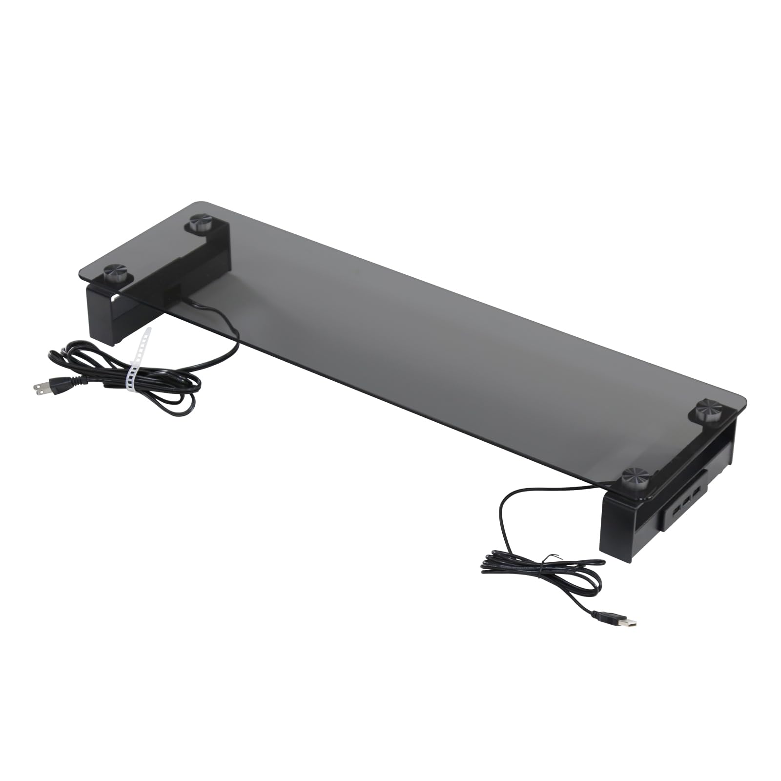 モニター台 机上ラック 幅70cm 奥行21cm 高さ8cm PCスタンド デスク収納 強化ガラス 電源コンセント USBポート付き クリア ブラック