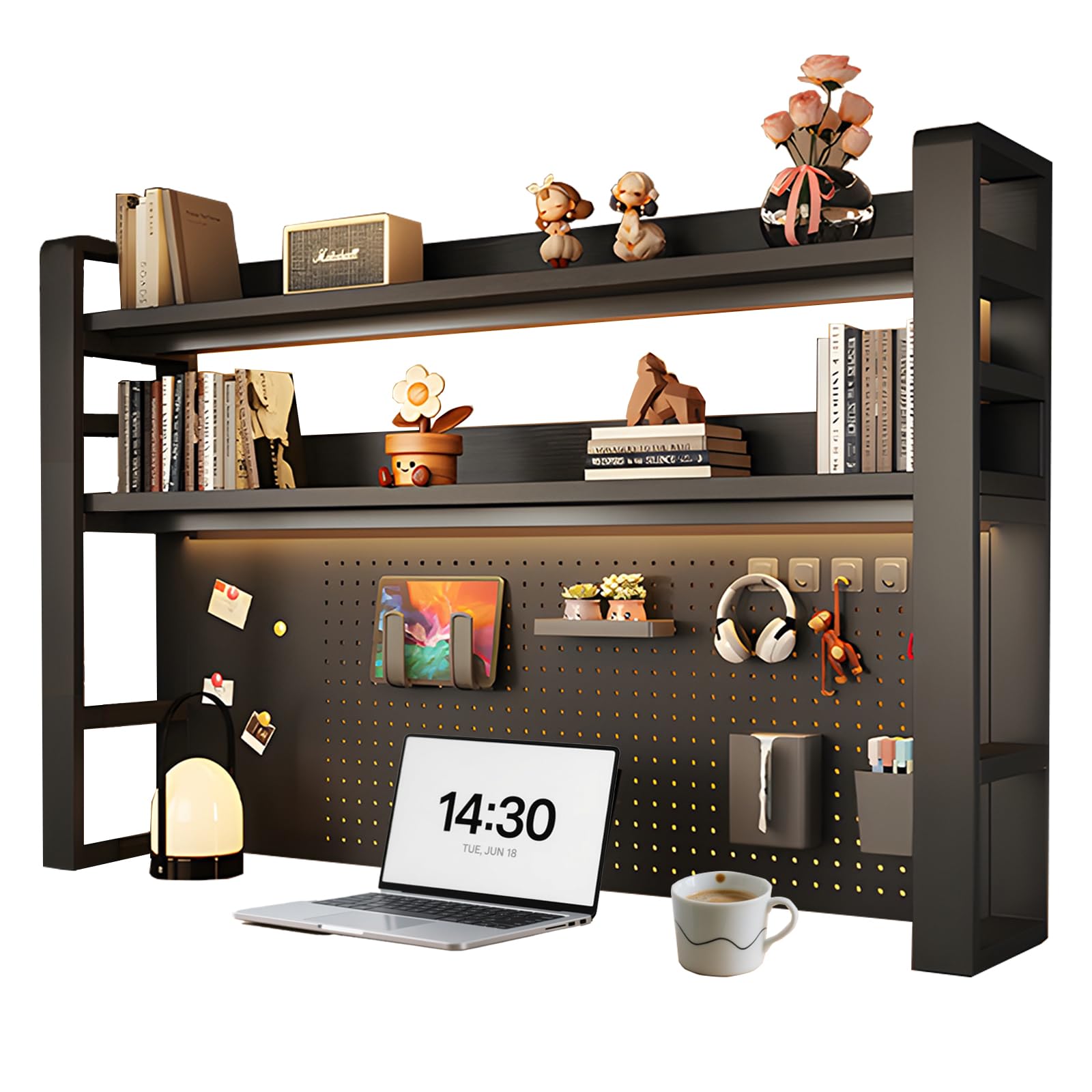 Rakuten - 机上ラック 2段 有孔ボード付き デスク上収納 幅95×奥行25×高さ93cm 本棚 卓上 シェルフ 大容量 収納棚 おしゃれ ブラック 黒