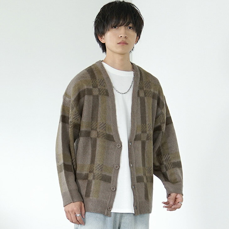 カーディガン メンズ ブランド モヘア カーディガン メンズ モヘア ニット モヘアライク チェック チェック柄 セーター オーバーサイズ ビッグシルエット 長袖 ニットカーディガン ブラウン チャコール グレー 秋 冬 秋服 冬服 メンズファッション マイノリティ minority
