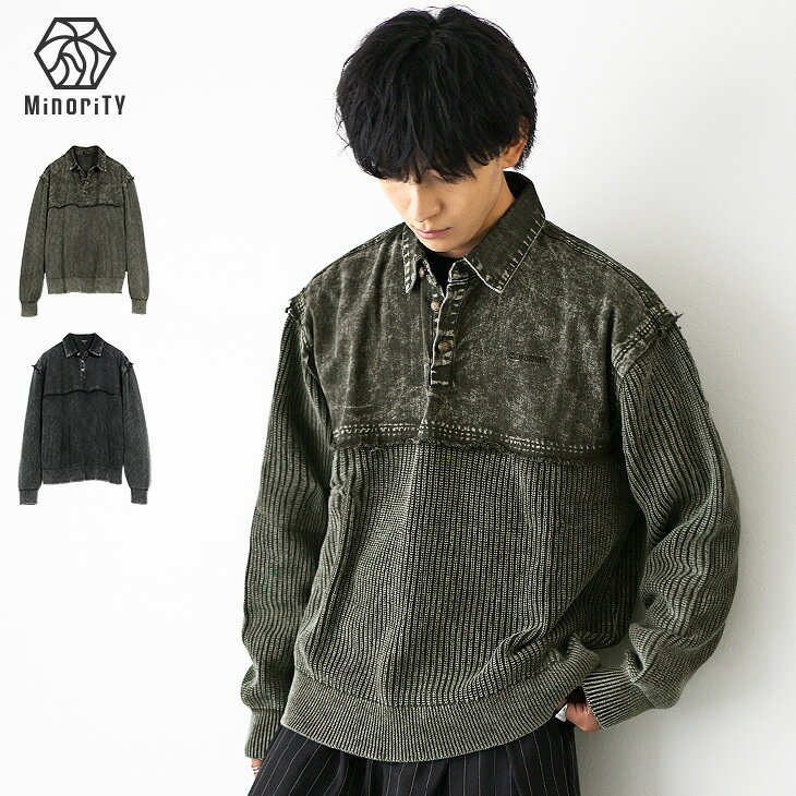 樂天商城 - セーター メンズ オーバーサイズ ニット メンズ ポロシャツ ニットセーター ビッグシルエット 刺繍 長袖 大きいサイズ LL XL 黒 ブラック カーキ ヴィンテージ 加工 ダメージ 冬 冬服 秋服 秋冬 韓国ファッション メンズファッション minority マイノリティ