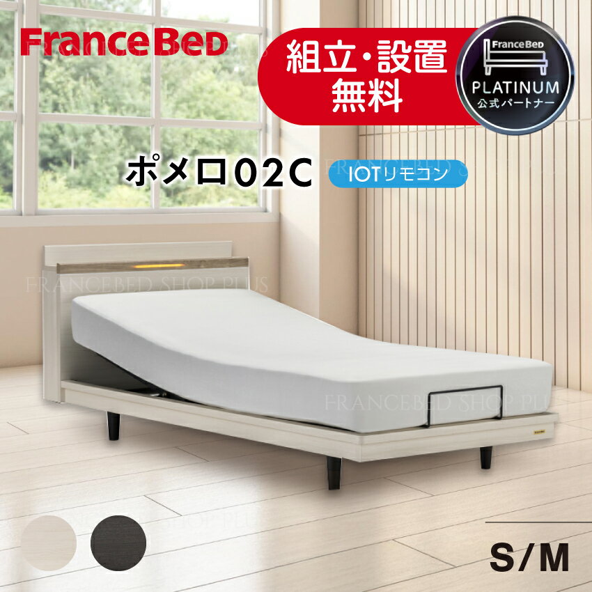 フランスベッド 公式パートナー 電動ベッドフレーム ポメロ02C 脚タイプ レッグ IOTリモコン キャビネット コンセント付き LED照明 LEDライト ヘッドライト バイカラー 木目 ホワイト ダーク 正規品 日本製