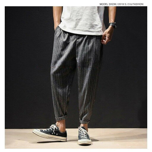 テーパードパンツ メンズ サルエルパンツ ストライプ柄 涼しい チノパン イージーパンツ ボトムス お兄系 涼しい 夏 サマー