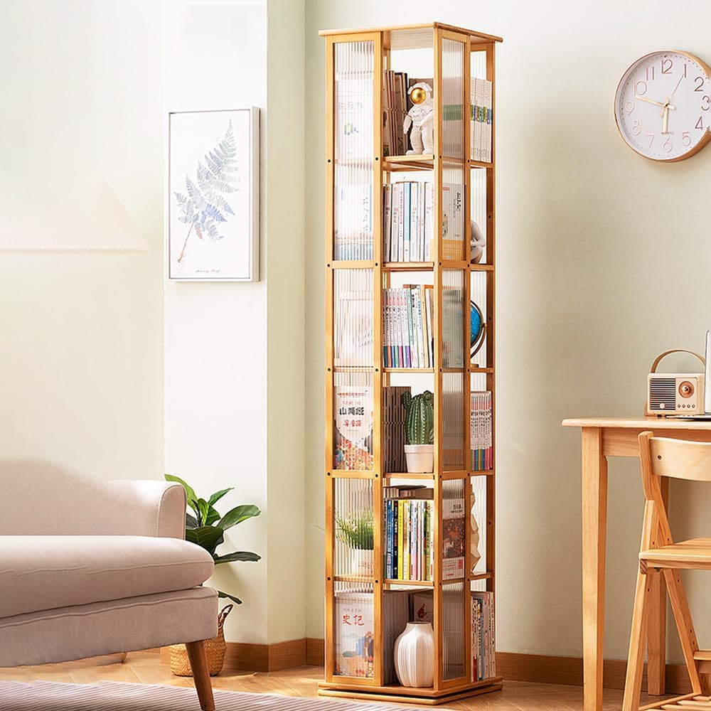 木製本棚 回転式本棚 360°長虹アクリル 4段/5段 直径40cm 耐荷重80kg A4が入る高さ 書棚 大容量 サイレ..