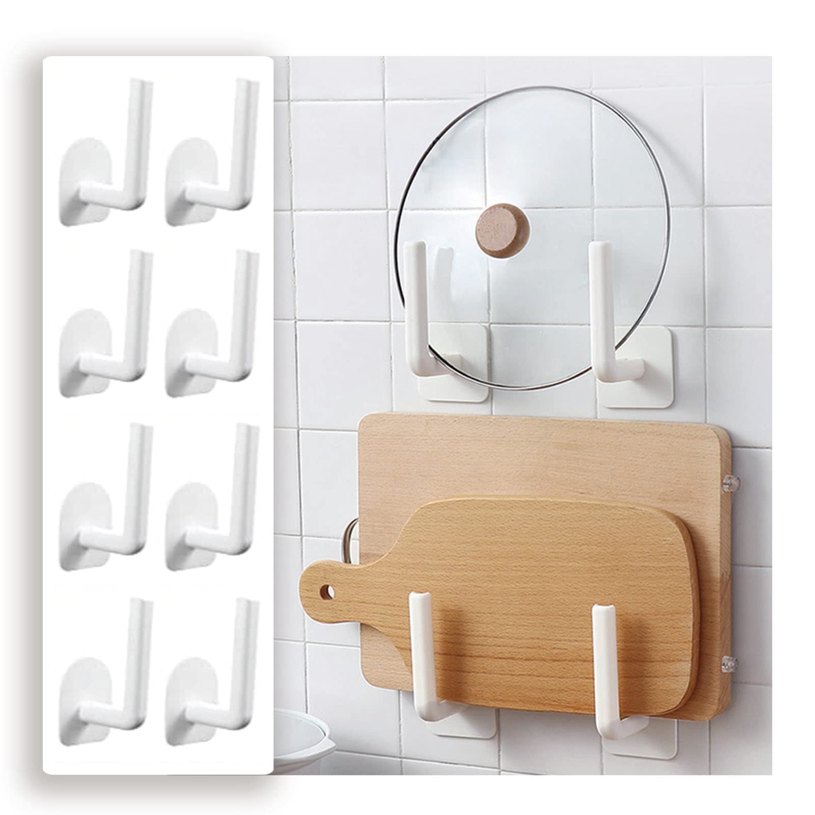 鍋蓋 立て 蓋収納ホルダー まな板スタンド キッチン収納フック 8個セット コンパクト 壁掛け式 穴あけ不要 自己粘着 ホワイト