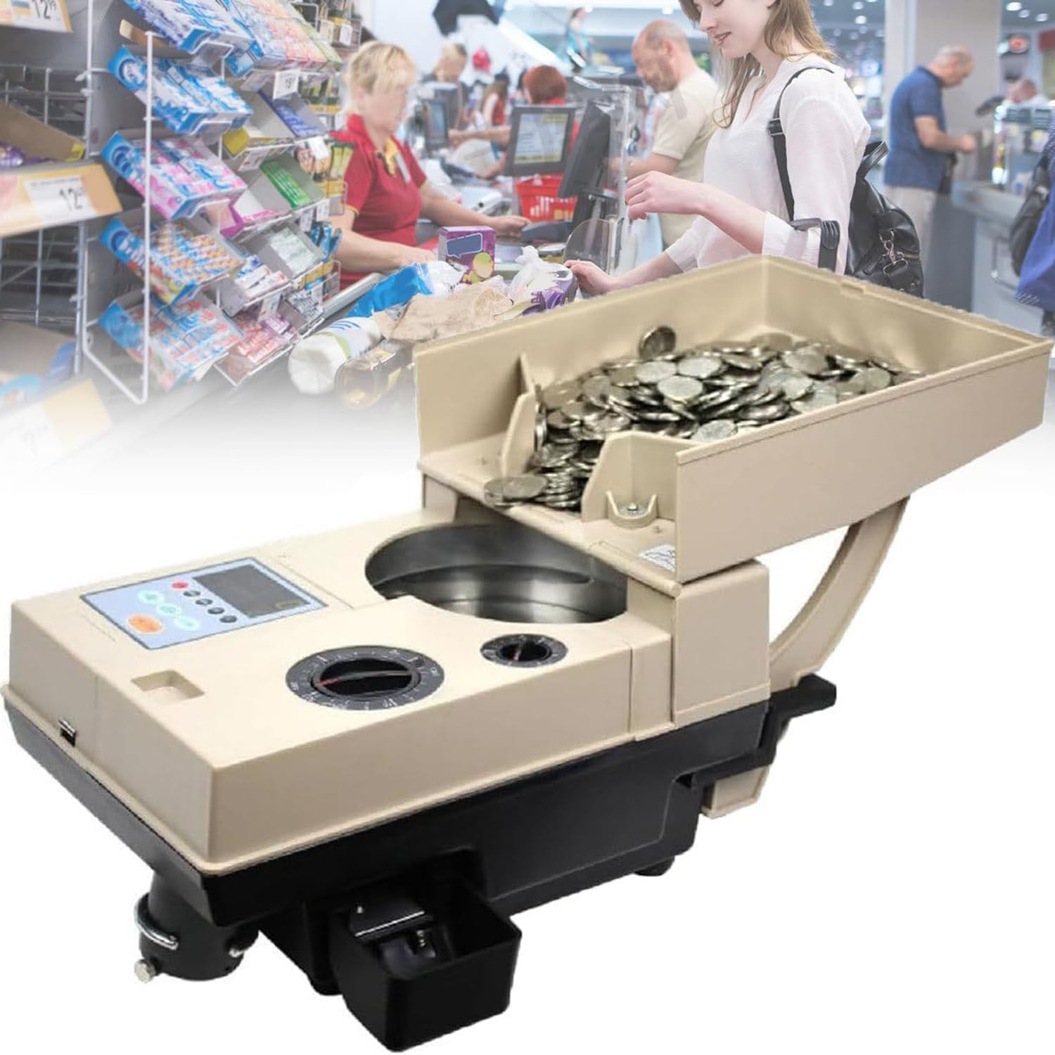 ポータブルコインカウンター、1200個/分自動コインカウンター＆ソーター、15mm〜34mm用、お金現金通貨計量機、コイン選別機、ビジネス銀行ショップレストラン用