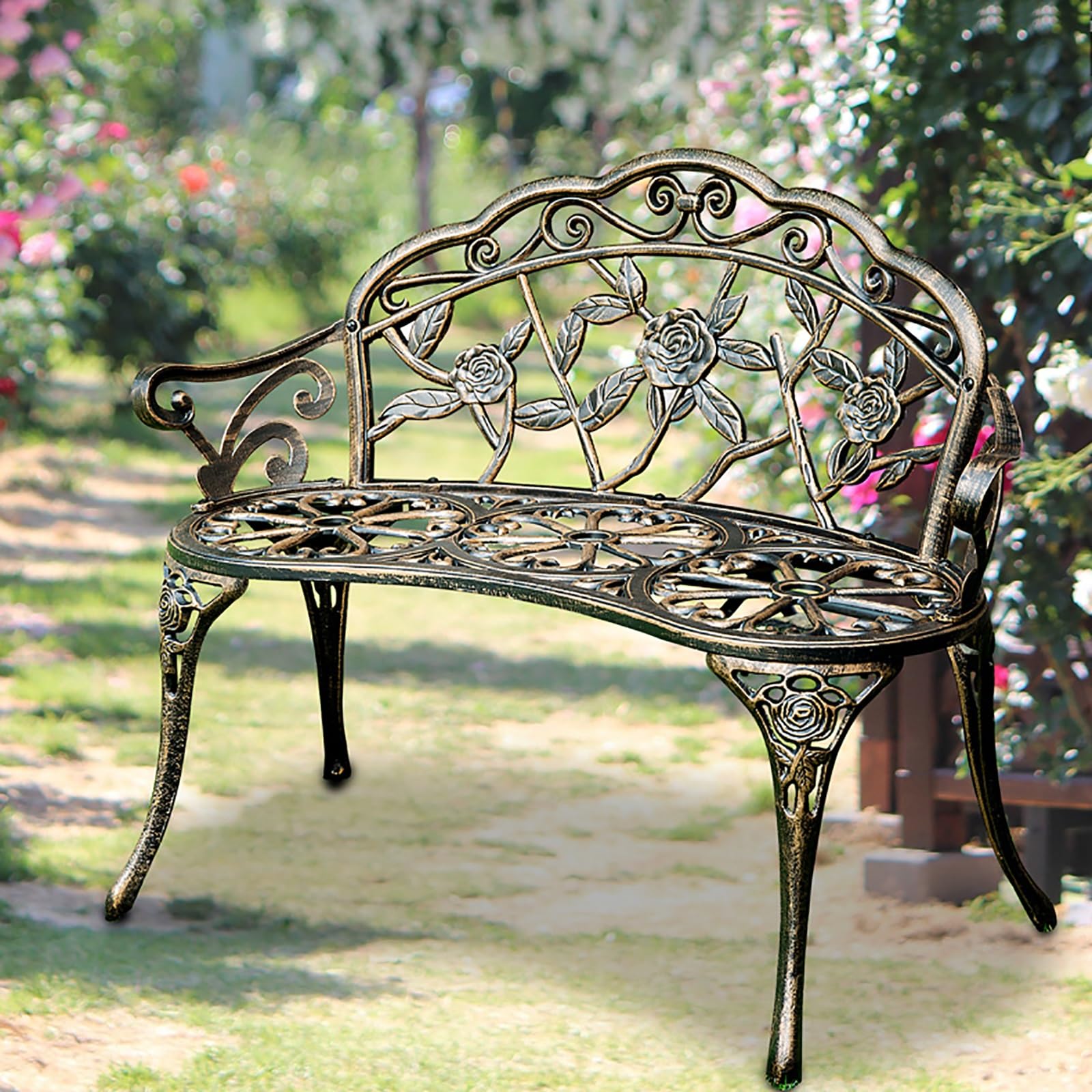 2人用シート屋外ガーデンベンチ公園ベンチ、鋳造アルミニウムシートと背もたれ付き全天候型パティオベ..