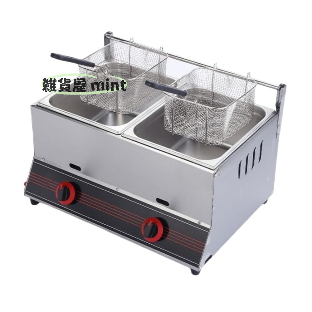 大型 ガスフライヤー 複数仕様ダブルシリンダー フライヤー 揚げバスケット付き 卓上フライヤー 厨房機器 ステンレス鋼 温度調整機能 簡単に掃除できデスクトップフライヤー 揚げ物 フライドポテト、ポップコーン 業務用フライヤー LPガス用 (ダブルコンロ