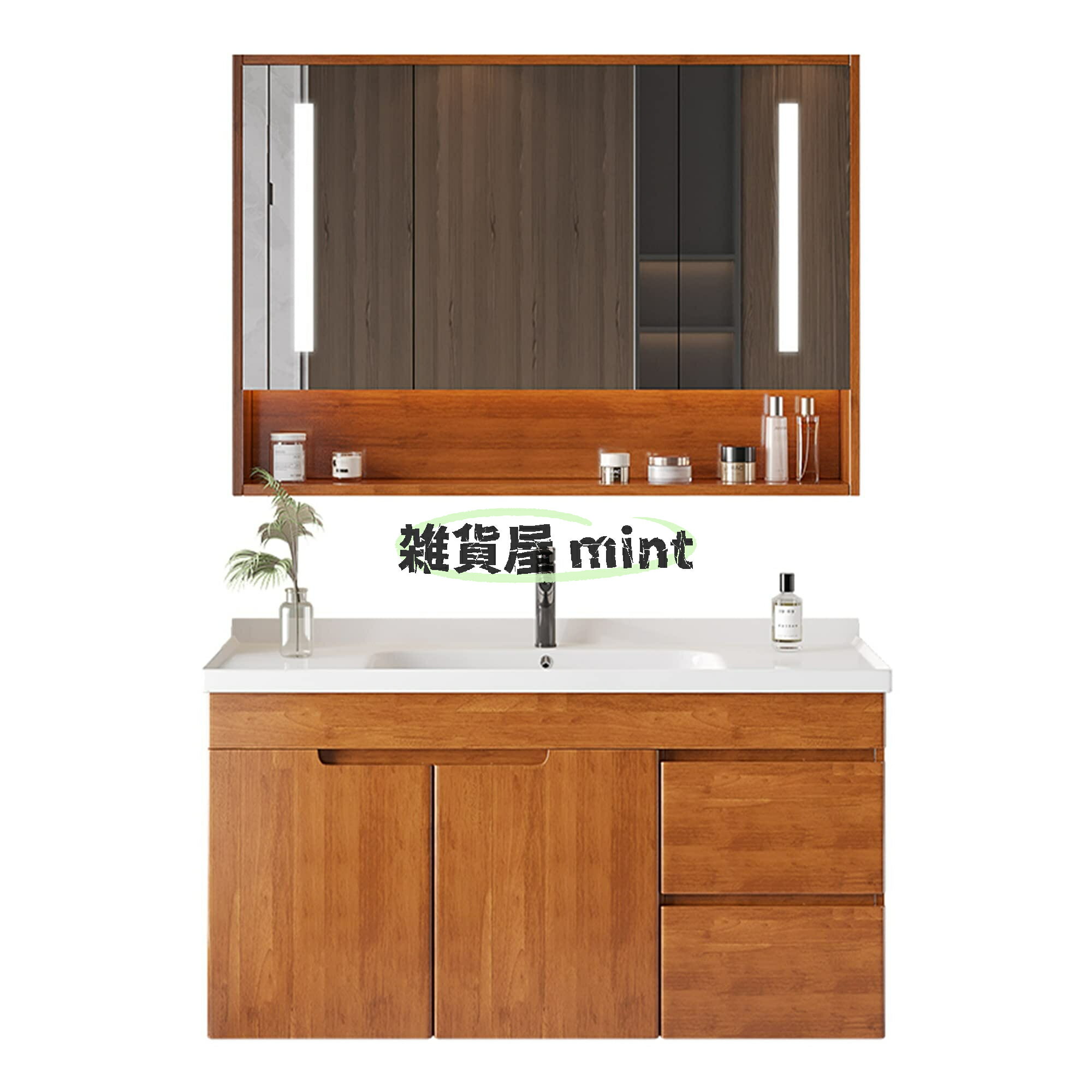 Rakuten - 流し台 システムキッチン シンク ガーデンシンク 洗面台 バスルームの洗面化粧台セット 壁に取り付けられた無垢のオーク フローティング キャビネット コンボ ブラックの蛇口付き、高精細ミラー キャビネット、引き出し/棚付き、北欧スタイルの洗面化粧台、トイレ用