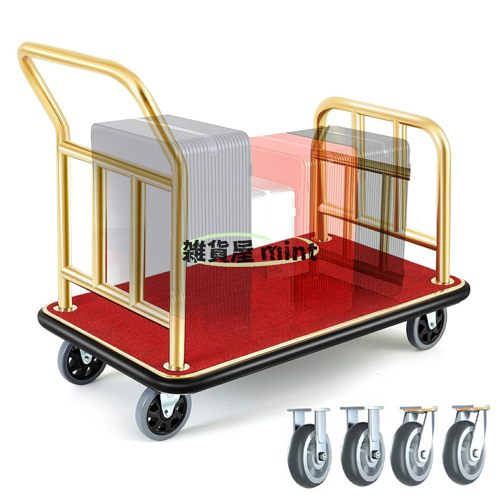 Rakuten - ホテルの荷物カート 107x65x97cm 荷物台車 ホテル用品 荷物運搬 ガードレールとブレーキ付き6インチホイール付き 業務用静音台車 ホテル・リゾートの荷物輸送に最適 耐荷重300KG 2軸静音ホイール