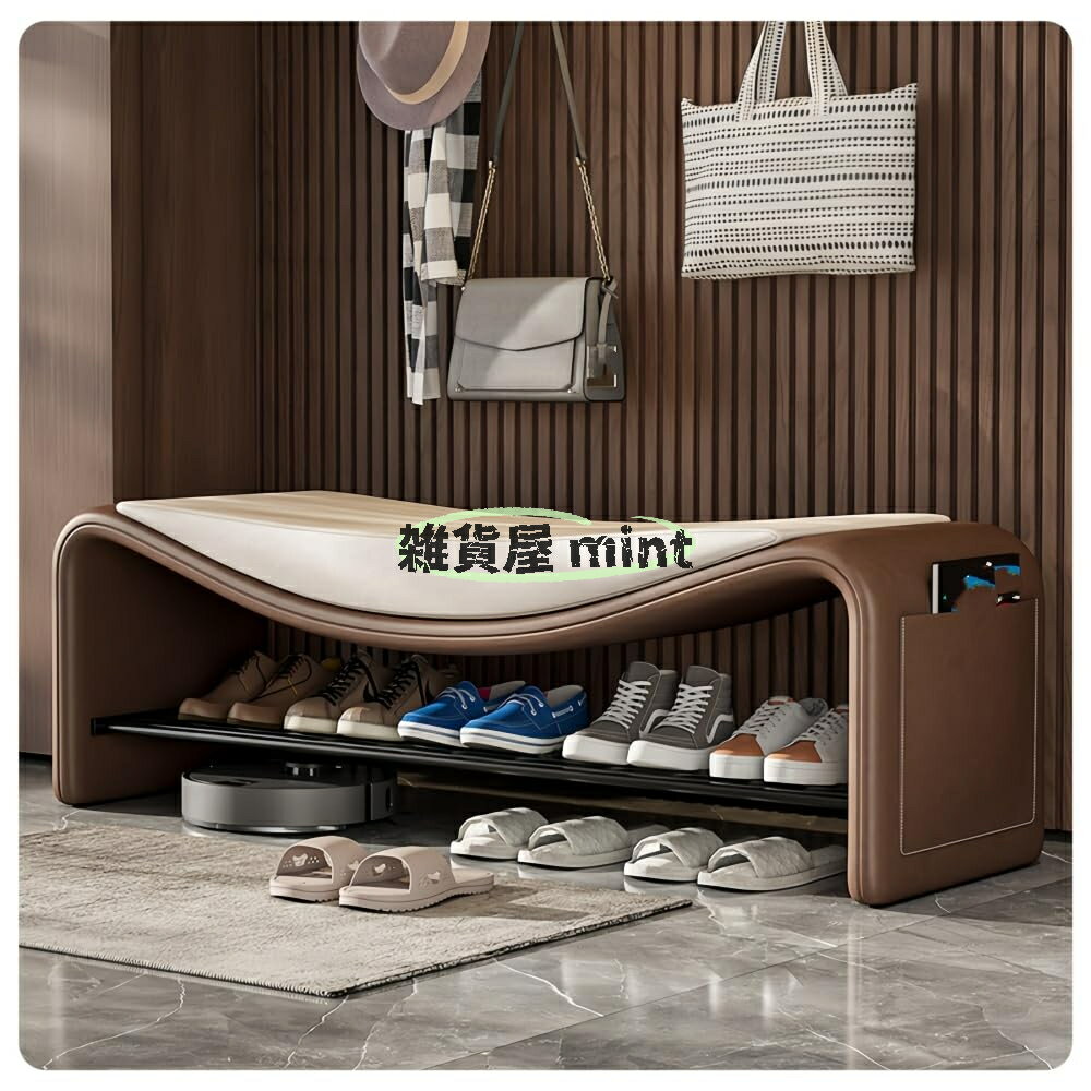 Rakuten - 靴の着替え用ベンチ/キャビネット、ロング、靴ラック付きスツール、サイドポケット、座ったり収納したりできる多機能、長さは80/100/120cm、玄関、エントランス、リビングルームに適しています (茶＋白,120cm)