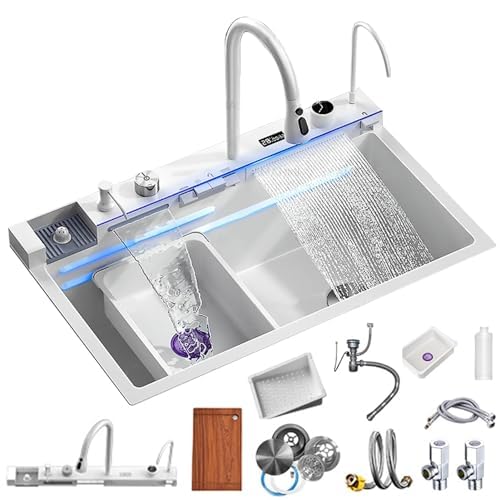 多機能シンク、スマートデジタルディスプレイキッチンシンク、ワンピース蛇口付きダブルアウト水とステンレス製食器洗いシンク、3つの排水モード、自由に引き出します