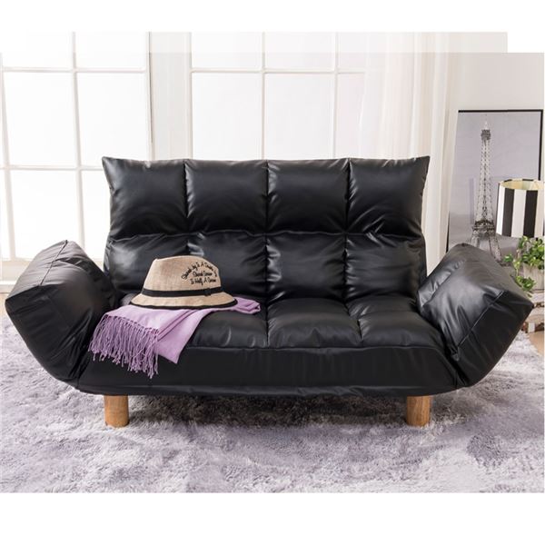 【P7倍！水曜定休Pアップ12/4 朝10時まで】 ふかふか カウチソファ ブラックレザー調 肘付 コンパクト 脚付 リクライニング フロアソファ ローソファ LIRAKU