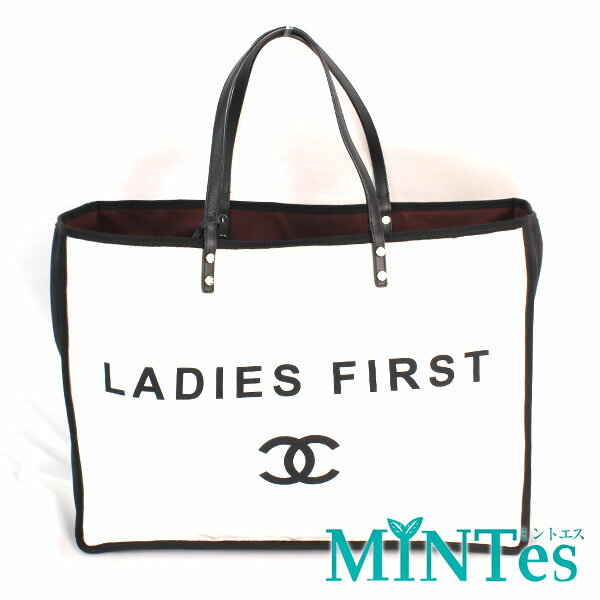 Chanel シャネル レディファースト トートバッグ ホワイト ブラック キャンバス ビッグサイズ 旅行 デイリー【中古】