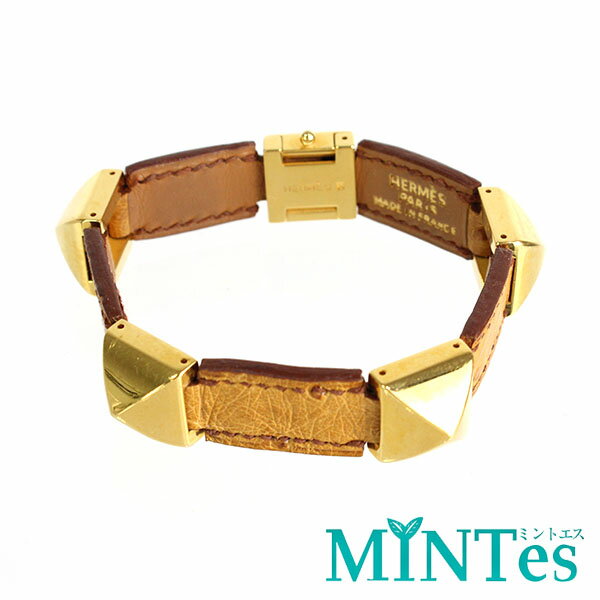 Hermes エルメス メドール ブレスレット ゴールド ブラウン メタル レザー アクセサリー ワンポイント スタイリッシュ 【中古】
