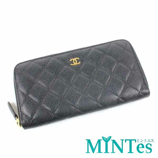 樂天商城 - Chanel シャネル キャビアスキン ココマーク ラウンドファスナー長財布 ブラック キャビアスキン シンプル スタイリッシュ 【中古】