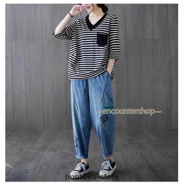 ボーダー柄 Tシャツ ゆったり 夏 レディース カットソー トップス Vネック 体型カバー 大人カジュアル 30代40代50代 お洒落ガールの必須ITEM 2