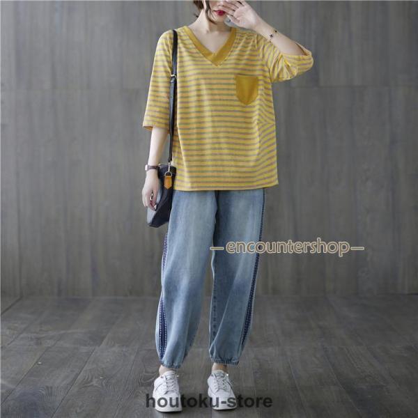 ボーダー柄 Tシャツ ゆったり 夏 レディース カットソー トップス Vネック 体型カバー 大人カジュアル 30代40代50代 お洒落ガールの必須ITEM 3