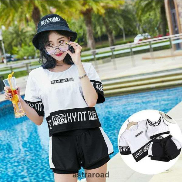 ミントモードの水着 レディース 控えめ ファッション体型カバーTシャツ 水着 中学生 高校生 10代 スポーティー 体型カバー 3点セット 学生 少女 小胸にもぴったり 夏 韓国夏｜アングル2