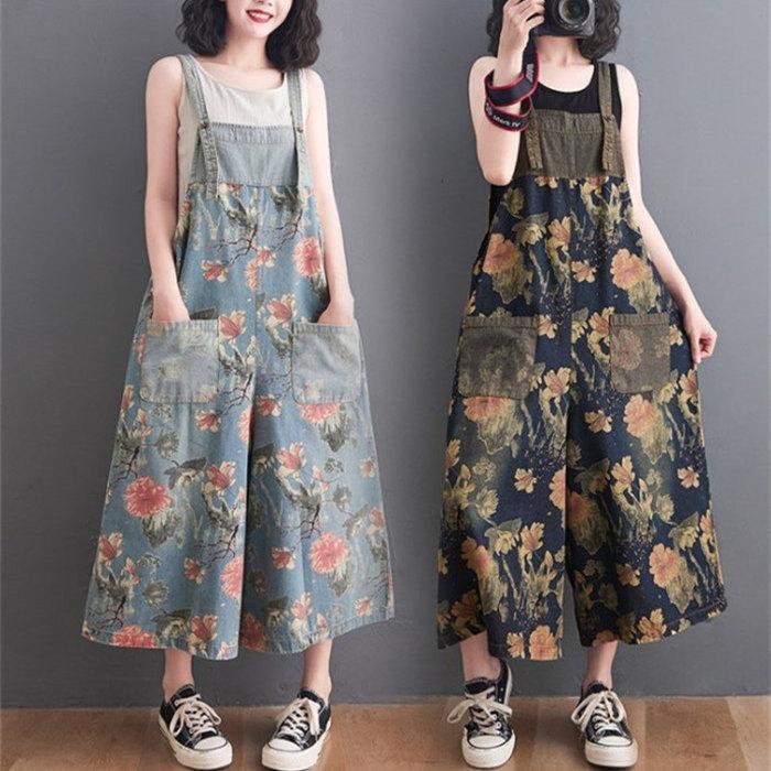 サロペット レディース オールインワン デニムワイドパンツ ロング丈 春 夏 ゆったり 花柄 総柄 体型カバー 大きいサイズ カジュアル 可愛い