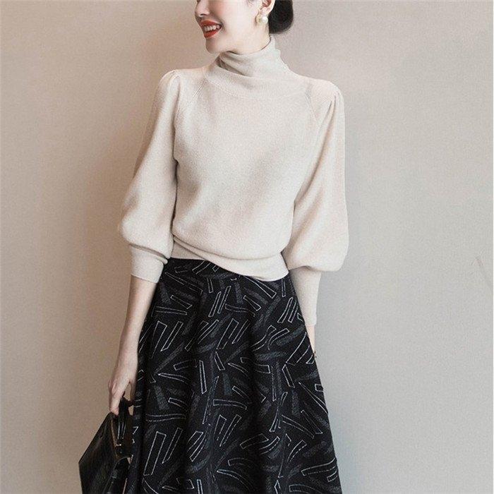 セーター ニットトップス レディース 秋冬 40代 長袖トップス 無地ニットトップス ハイネックニットインナー プルオーバー パフスリーブ 大人可愛い