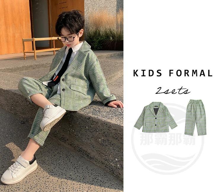 Top & Bottom Sets - キッズ スーツ 男の子 子ども ジュニア セットアップ 上下 フォーマル カジュアルスーツ ゆったり 長袖 ジャケット パンツ 2点セット チェック 前開き ウエストゴム 小学生 低学年 高学年 120 130 140 150 6歳~12歳 薄手 春夏 秋