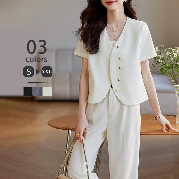Suits For Job Interviews - 夏 スーツ パンツスーツ レディース Vネック 半袖ジャケット セットアップ ロング丈 ビジネス リクルート オールシーズン 洗える 春 夏 秋 大きいサイズ 上品 入学式 ジャケット 半袖 2点セット パンツドレス オフィス エレガント お洒落 通勤 OL 女性らしい デザイン
