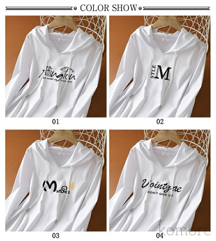長袖tシャツ フード付きtシャツ レディース プリント トップス 春服 レディース シンプル 長袖 綿100％ コットン カジュアル tシ 2