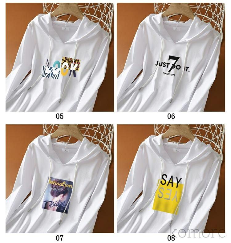 長袖tシャツ フード付きtシャツ レディース プリント トップス 春服 レディース シンプル 長袖 綿100％ コットン カジュアル tシ 3