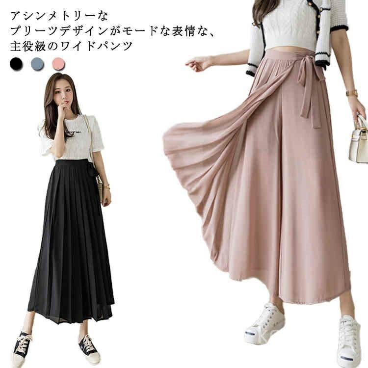 乐天商城 - パンツ プリーツ レディース 秋 夏 春 薄手 シフォン 落ち感 スカートパンツ ワイドパンツ プリーツパンツ アシンメトリー