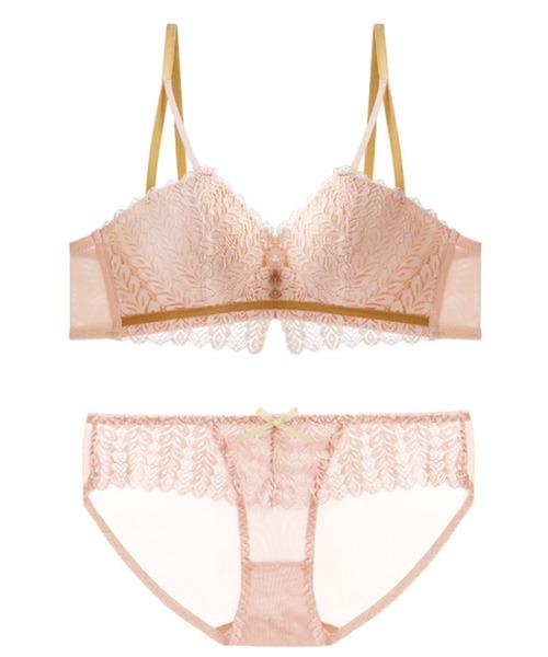 ブラジャー ショーツセット ノンワイヤー リーフ柄レースブラ＆ショーツ 2点セット