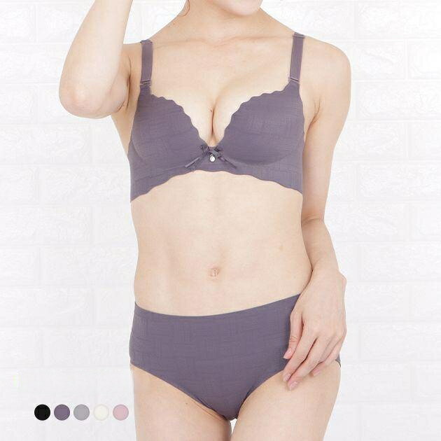 ノンワイヤー モールドブラジャー ショーツ 2点セット シームレス 3／4カップ 脇高 パッド内蔵 3段ホッ..
