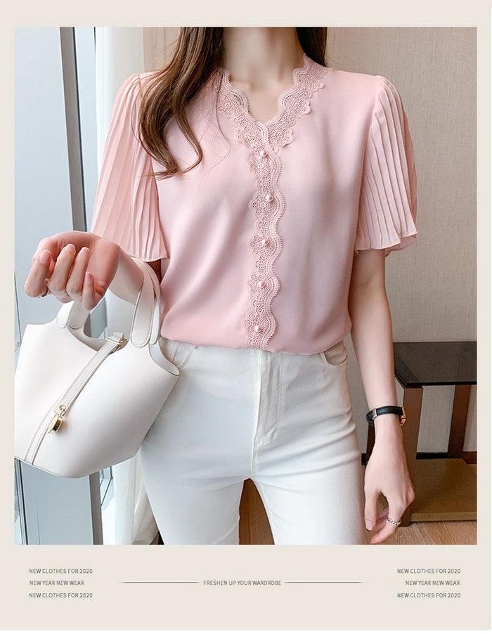 Rakuten - レディース 40代 春夏新作 オシャレブラウス 白シフォンシャツ 半袖トップス レースVネック 上品 大人 通勤OL ゆったり シャツ30