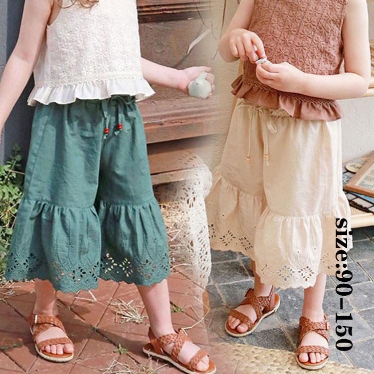 Culottes - ガウチョパンツ チノパンツ キュロット 女の子 ベビー キッズ 子供服 春夏 おしゃれ 可愛い ボトムス 七分丈パンツ カジュアル ゆったり 綿 無地 レース 卒業式 入学式 卒園式 入園式 小学生 通学 2色 90 100 110 120 130 140 150