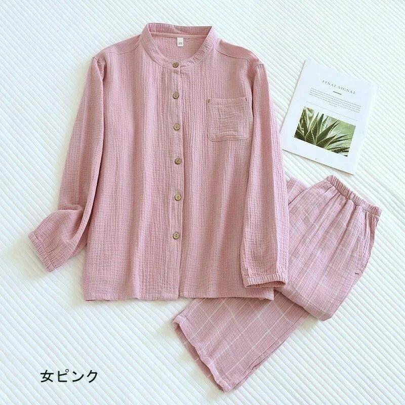 Room Wear - パジャマ 長袖 メンズ レディース 二重ガーゼ 春夏秋 パジャマ ルームウェア 綿 前開き ルームウェア 長ズボン