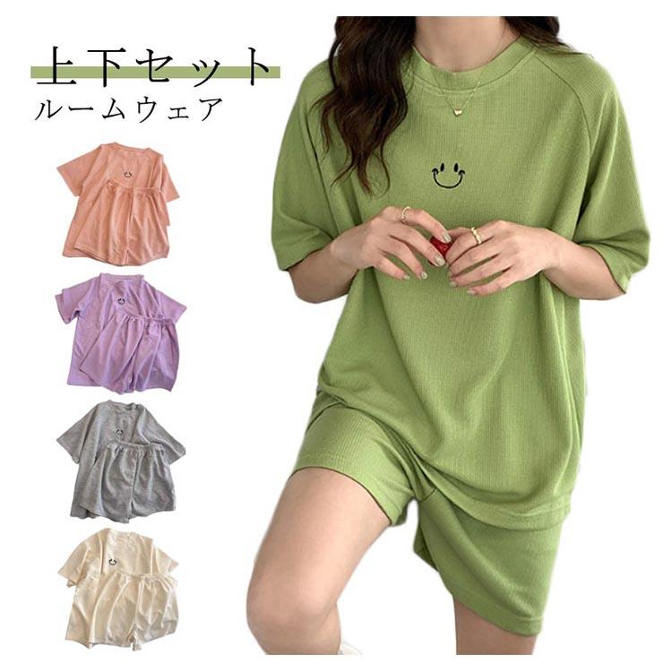 樂天商城 - パジャマ Tシャツ ナイトウェア 夏 寝間着 夏用 ショートパンツ 女性 半袖 半ズボン レディース ワッフル 春 2点セット ゆったり 刺繍 セットアップ 部屋着 ウエストゴム 大きいサイズ 薄手 上下セット かわいい ワッフル生地 ルームウェア リラックスウェア