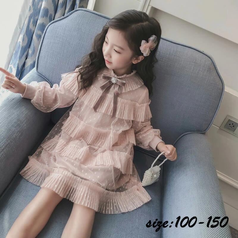 Rakuten - お誕生日会 ジュニア服 おしゃれ 結婚式 可愛い ホワイト 100-150cm 子供服 子ども服 ピンク ワンピース ロング丈 チュールスカート 長袖 春秋 リボン 女の子 卒園式/入学式/パーティ 発表会 子供ドレス フォーマル 女児