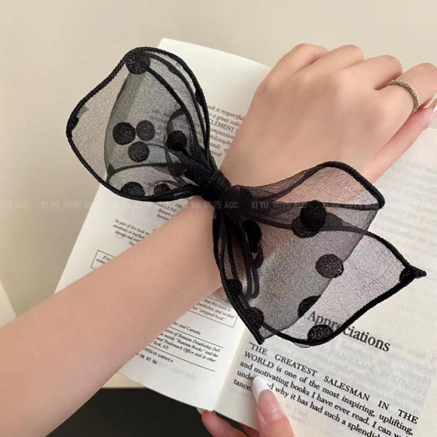 ヘアゴム　アウトレットオーガンジーリボンドット柄ヘアゴム　大人　かわいい　ヘアアレンジ　ちいさめ　ヘアアクセ　プレゼント　カジュアル