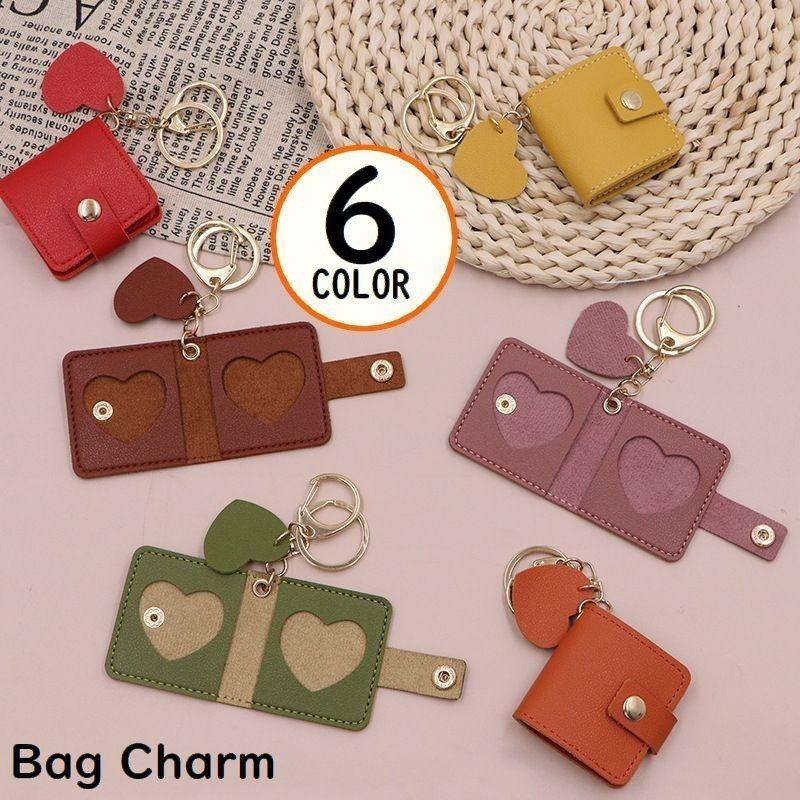 バッグチャーム ミニフォトアルバム フォトキーホルダー レザー風 2枚収納 キーリング ポケットアルバ..