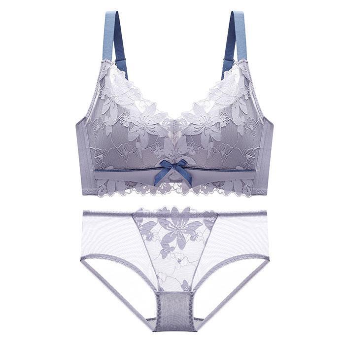 【商品説明】フラワーモチーフやレース素材を取り入れたブラ＆ショーツ。アンダーバストは締めつけ感のないノンワイヤー設計！窮屈感が苦手な方にぴったり。伸縮性に富んだ生地がお尻にフィット。透け感があり、大人な印象に【素　材】ナイロン、その他【サイズ】カップ 上部薄い、下部厚いタイプ32/70AB|34/75AB|36/80AB|38/85ABカップ 薄いタイプ34/75C|36/80C|38/85C|40/90C【カラー】グレーブルー/ネイビー/ベージュ/ブラック/レッド【注意事項】※商品の写真はできる限り実物のお色に近づけるように加工しておりますが、お使いのモニター設定、お部屋の照明などにより、実際の商品と異なる場合がございます。※商品の生産時期などにより、付属品（ボタン、ファスナー、タグ、パッケージなど）のデザインや仕様の一部が変更になる場合がございますが、予めご了承くださいませ。※配送の方法によっては、商品に多少のシワ等ができる場合がございますが、出来る限りお客様にリーズナブルな価格帯でご提供するためです。ご了承くださいませ。※採寸方法の違いにより、多少の誤差がある場合がございます。