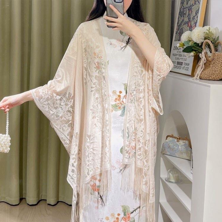 ストール レディース 総レース 肩掛け カーディガン 全7色 羽織り レース 綺麗 大判 中華風チョーク 花柄 UVカット 日よけ マフラー フリンジ