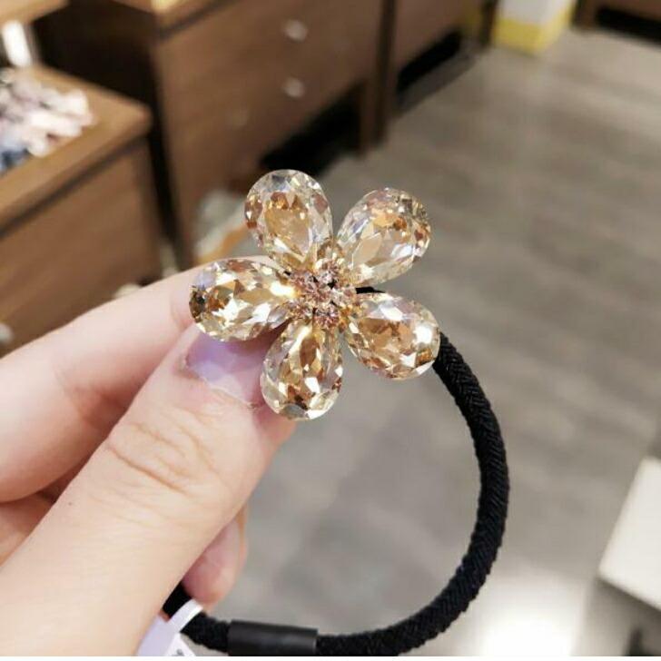 ヘアゴム　クリスタルフラワーメタルブラックヘアゴム　花　キラキラ　おとな　30...