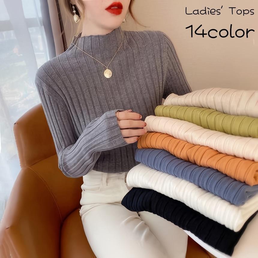 リブニット 長袖 ハイネック レディース 女性 婦人服 トップス セーター 薄手 あったか 暖かい 無地 単色 シンプル ベーシック 定番 着回し