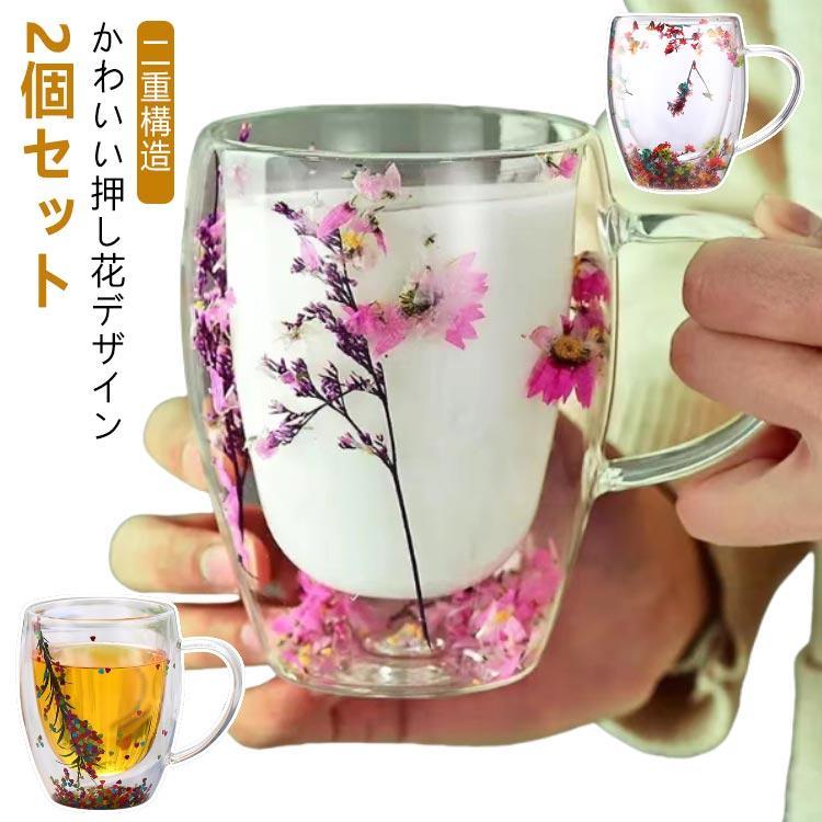 押し花 ダブルウォールグラス 取っ手付き 二重構造 グラス 耐熱ガラス コップ 熱くない 結露しない クリア タンブラー おしゃれ 焼酎グラス キッチン