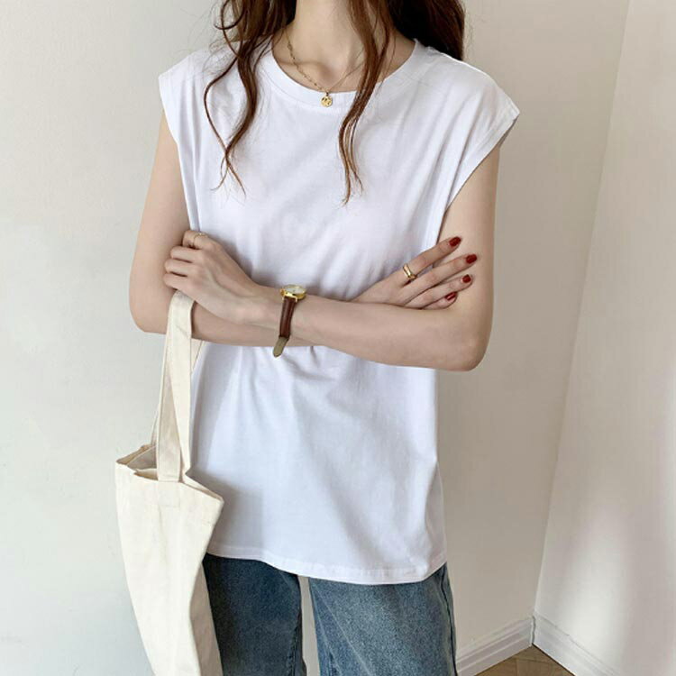 ノースリーブ Tシャツ トップス レディース カットソー シンプル 丸首 スリーブレ...