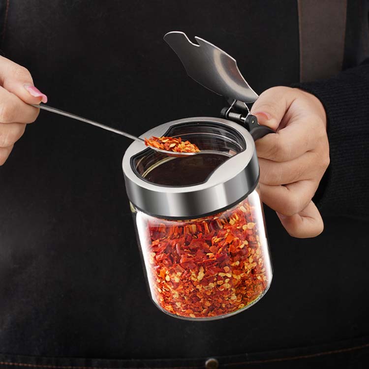 詰め替え スパイスボトル スパイスジャー 300ml ステンレス 2個セット キッチン用品 ガラス スプーン付き 使いやすい 調味料入れ 調味料ケース 塩入れ 砂糖 密閉性 保存容器 片手開閉 ワンプッシュ 調味料ポット