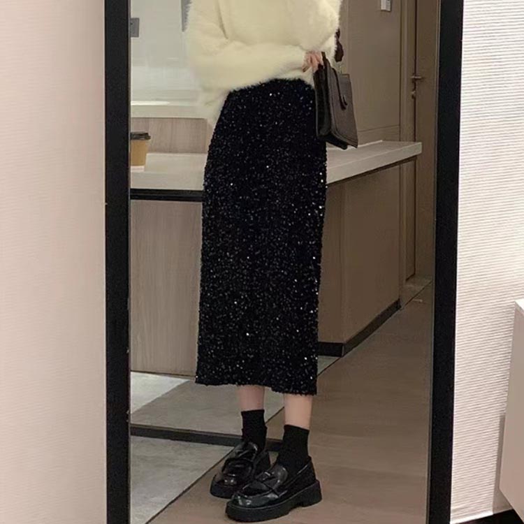 ナロースカート タイトスカート ロング丈 黒 ロングスカート スパンコールスカート スカート ボトムス 春 ハイウエスト ウエストゴム 光沢 大人 Iラインスカート 秋 冬 カジュアル パーティー お出かけ 韓国 オフィス