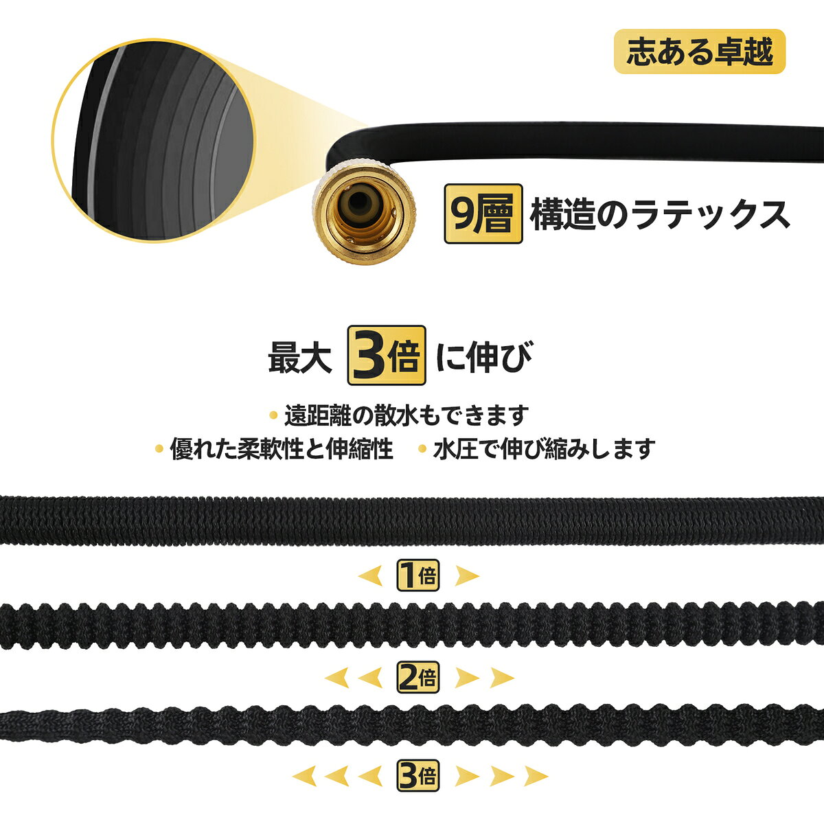 お庭に最適 伸縮ホース 洗車 ホース 散水ホース 3倍に伸びる 超強化 軽量素材 3750d高品質な布 銅制コネクタ 8パターンノズル 水やり 散水 庭 ガーデン 水まき 園芸 花壇 ガーデニング 大掃除 収納便利 フック付き 5 15m 人気カラーの
